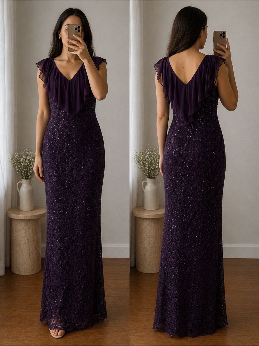 MARINA Deep Purple Beaded Maxi Dress with Ruffled V-Neck